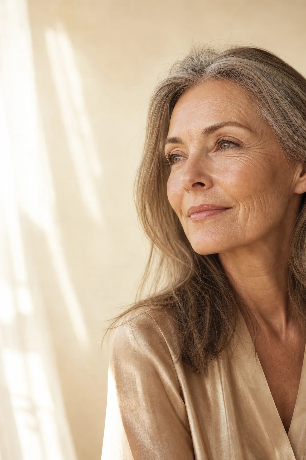 Illustrative editorial portrait of a mature woman in warm window light