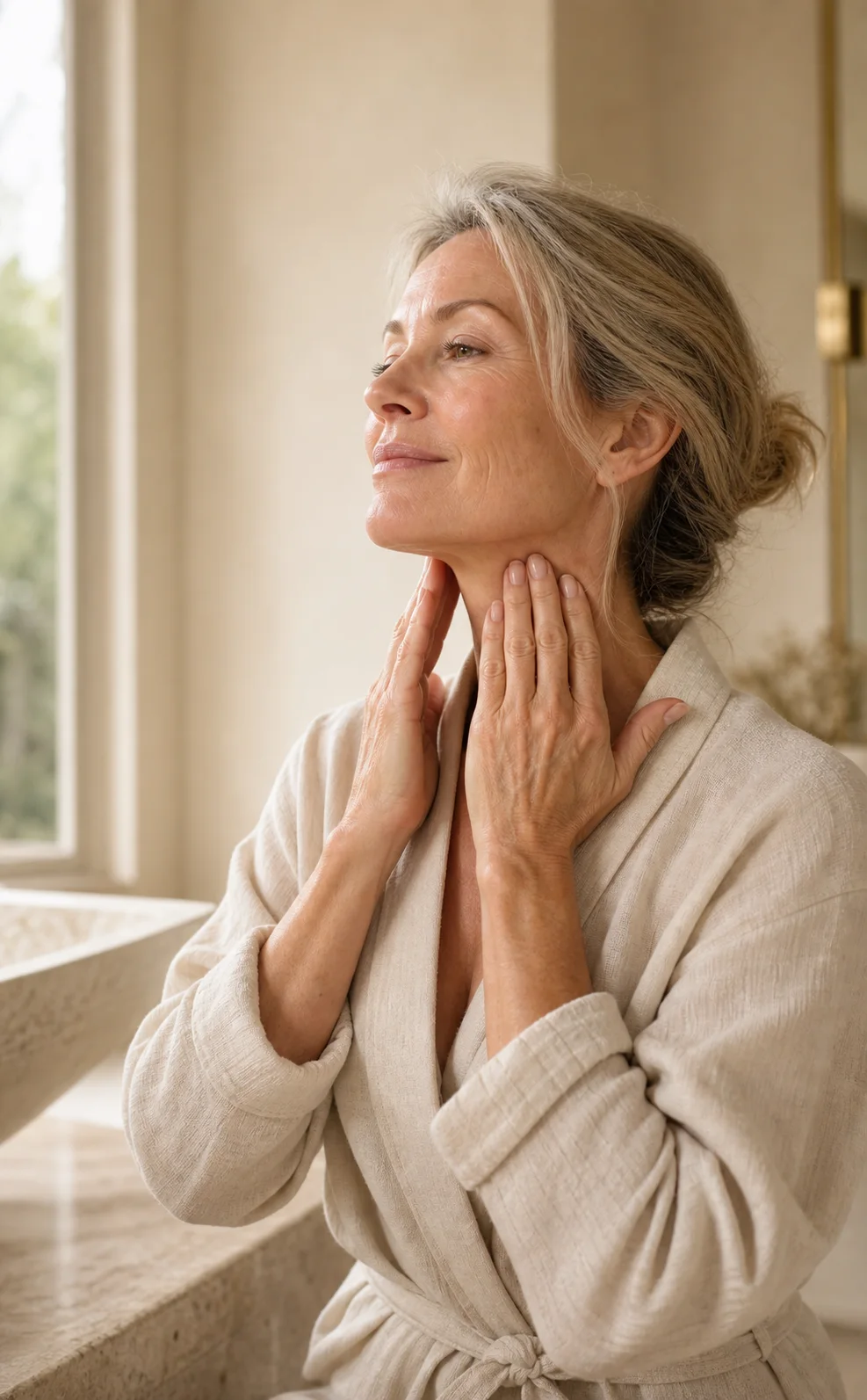 Illustrative mature woman applying skincare to her neck during a morning routine