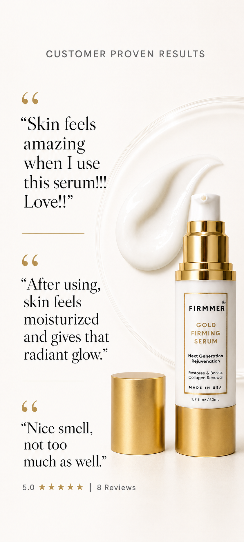 FIRMMER customer results graphic with three customer quotes and a five-star rating based on eight reviews