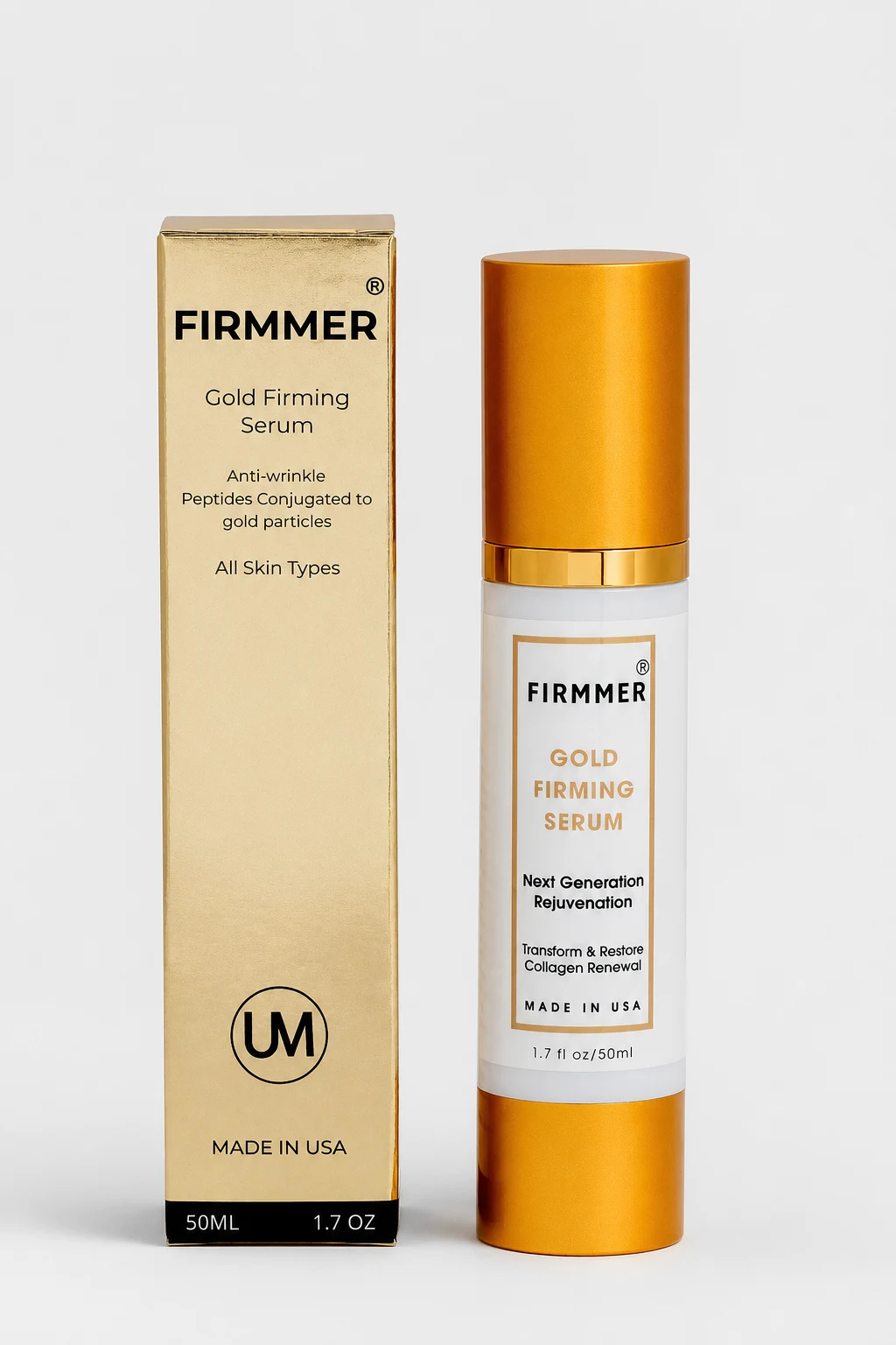 Authentic FIRMMER Gold Firming Serum bottle and gold box